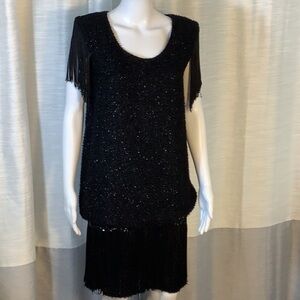 Vintage Y2K L.A. Glo Black Fringe Sequin Drop Waist Flapper Style Dress Sz 7/8